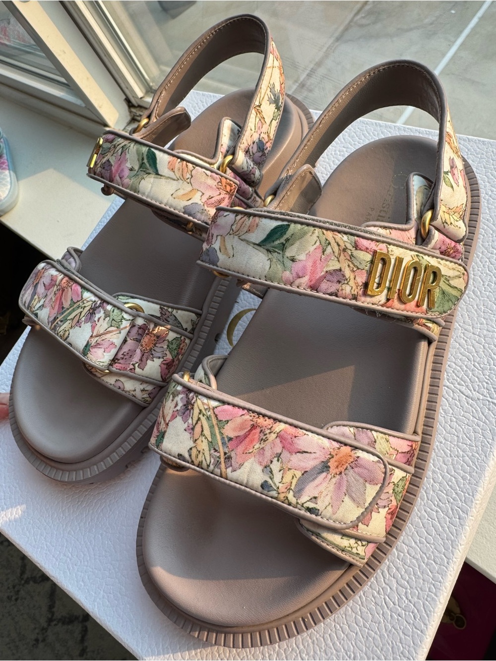 Dior Cream Floral Print Strappy Sandals with Gold Logo